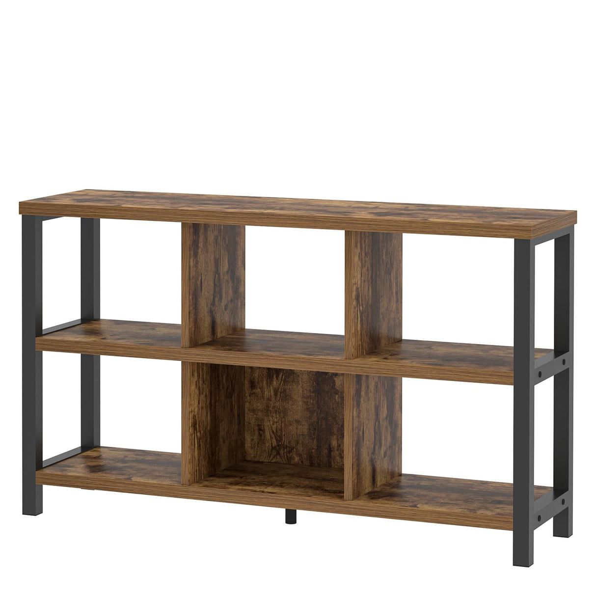 FOLUBAN Industrial Horizontal Bookshelf, 6 Cube Storage Organizer with Shelf, Wood and Metal Cubby Bookcase for Living Room Bedroom, Rustic Brown, 47 Inch FOLUBAN