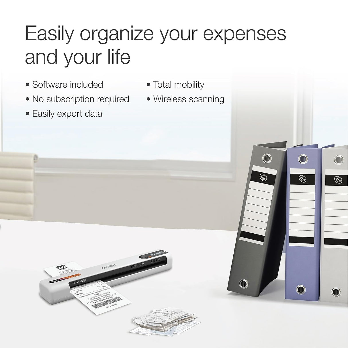 Epson RapidReceipt RR-70W Wireless Mobile Color Receipt & Document Scanner with ScanSmart AI PRO Receipt Management & PDF Software for PC & Mac Epson