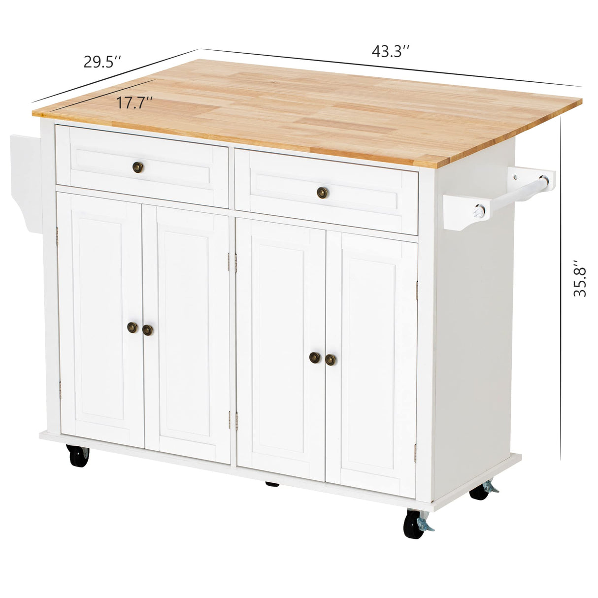 Squireewo Kitchen Cart with Wood Top and Drop Leaf Breakfast Bar, Rolling Mobile Kitchen Island Table on Wheels with Drawer and Storage Cabinet, Spice Rack, Towel Rack, White Squireewo