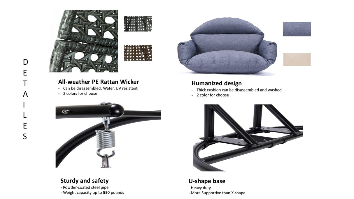 Double Egg Chair with Stand, 2 Person Heavy Duty Hanging Wicker Rattan Swinging Chair Hammock Nest Chair for Indoor Outdoor Patio Lounger Swinging Loveseat Perfect for Balcony Garden - Dust Blue Lambgier