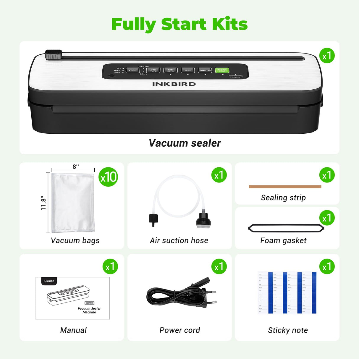Vacuum Sealer Machine, INKBIRD Powerful 130W High Power with Liquid/Moist/Dry 6-Food Modes, Compact Food Preservation System with Cutter, Full Start Kit with Pre-cut Bags*10 (8''*11.8''), EXT-VAC Inkbird
