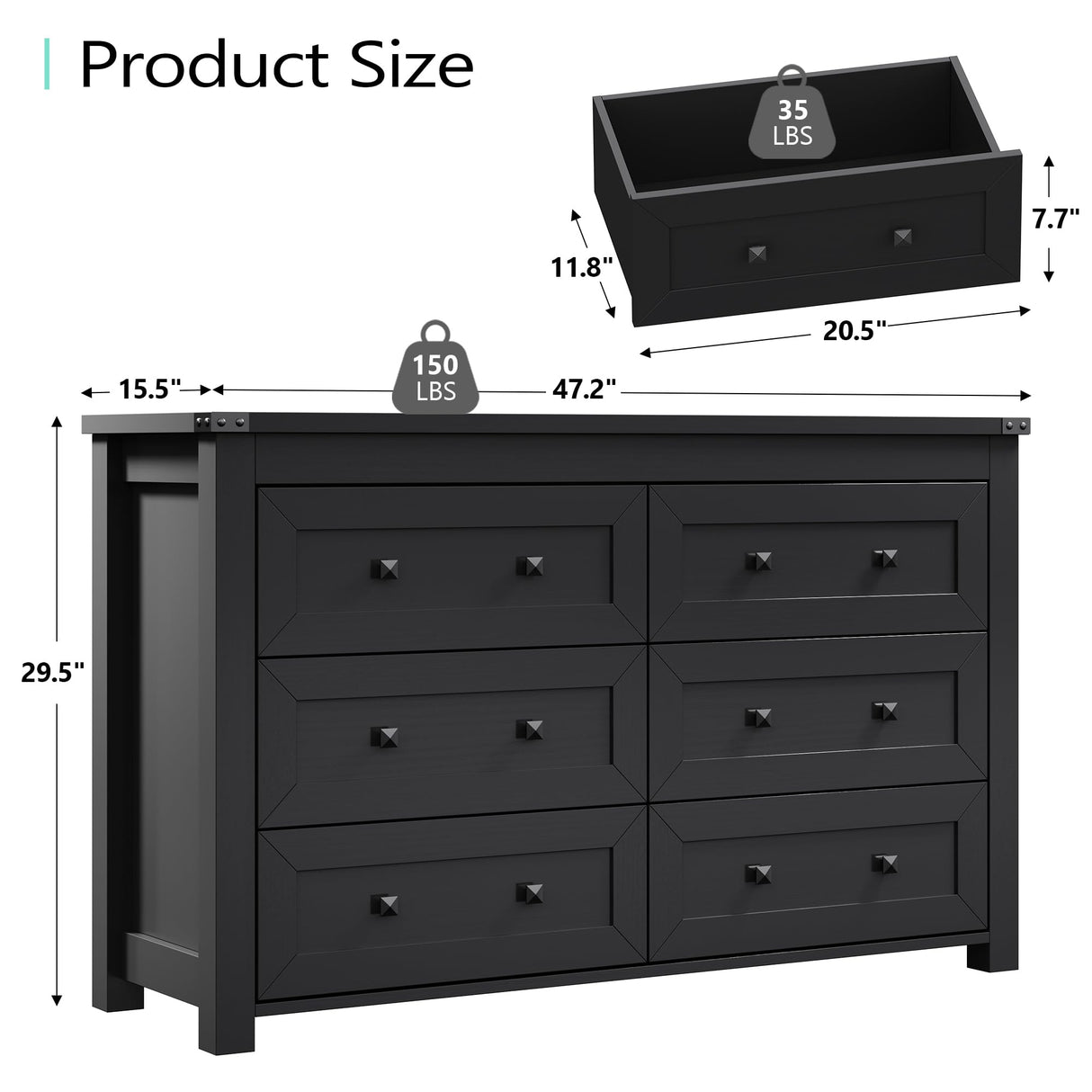 Dresser for Bedroom with 6 Drawers, Black Double Dresser Wood Farmhouse Chest of Drawers, Modern Closet Storage Furniture, Wide Wooden TV Stand Clothes Organizer Cabinet for Hallway, Living Room Xixini