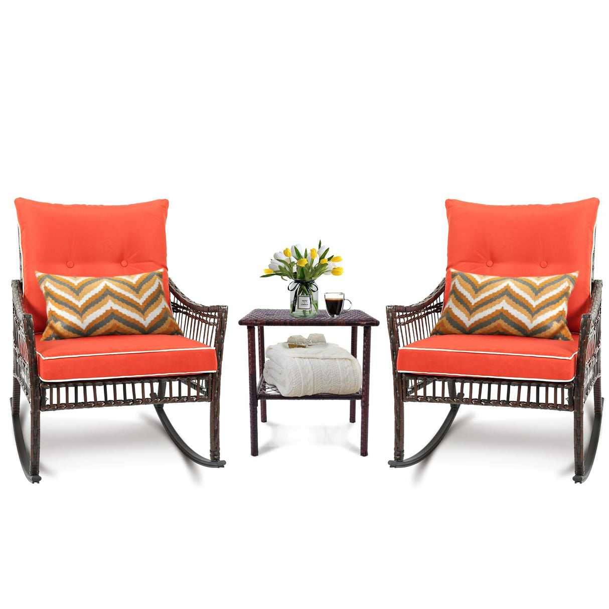 CIRMUBUY 6-Piece Patio Furniture Set,Outdoor Rocking Chairs Set of 2, Patio Conversation Set with 4 Wicker Chairs with 2 Glass Coffee Tables and Cushions for Backyard, Bistro (Carrot) CIRMUBUY