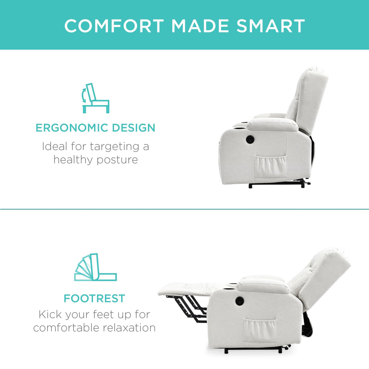 Best Choice Products Modern Linen Electric Power Lift Chair, Recliner Massage Chair, Adjustable Furniture for Back, Legs w/ 3 Positions, USB Port, Heat, Cupholders, Easy-to-Reach Button - Ivory Best Choice Products