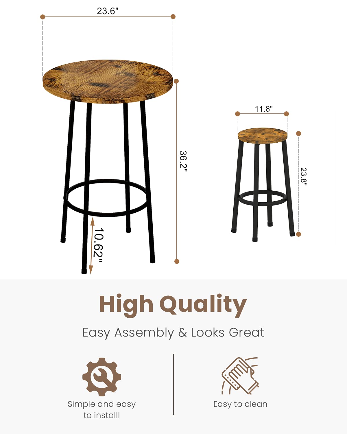 Recaceik 3 Piece Pub Dining Set, Modern Round bar Table and Stools for 2 Kitchen Counter Height Wood Top Bistro Easy Assemble for Breakfast Nook Living Room Small Space Restaurant, Rustic Brown 23 Recaceik