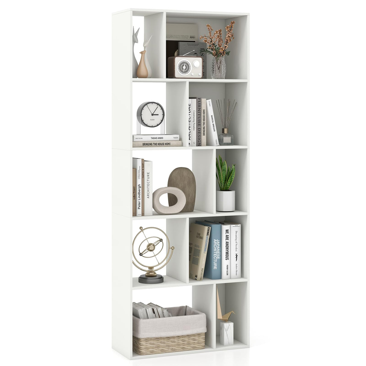 Giantex 5-Tier Geometric Bookshelf, 63" Modern Tall Bookcase, 10-Cube Storage Organizer, Freestanding Open Storage Shelving Unit, Display Rack Cabinet for Living Room, Study, Home Office, White (1) Giantex