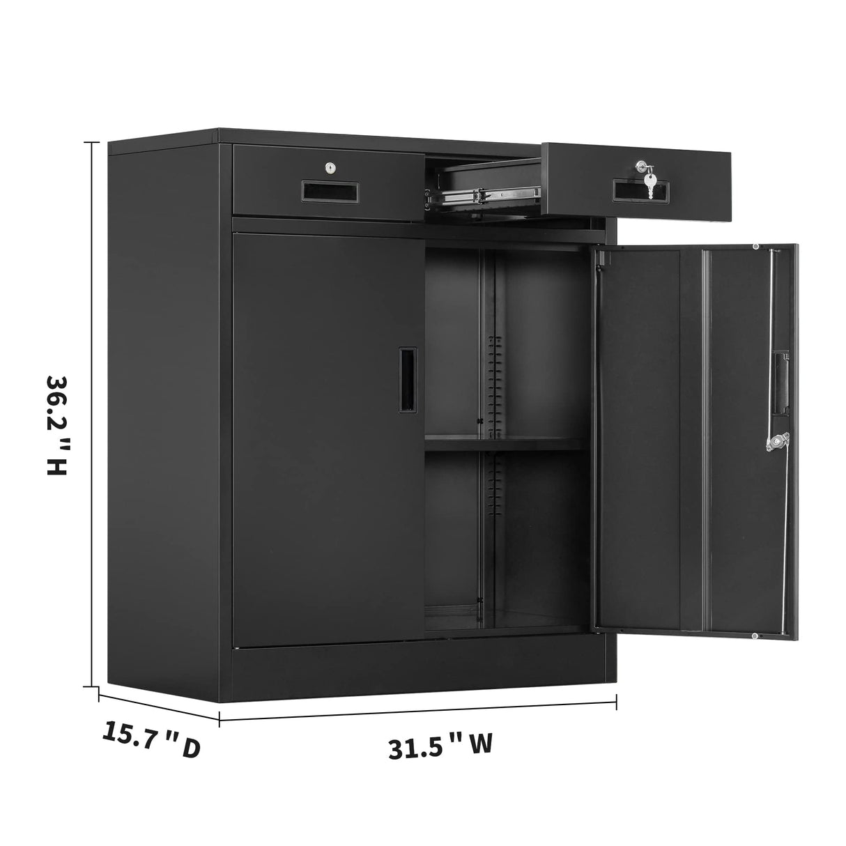 Wanfu Metal Storage Cabinet, 36" H Locking Storage Cabinet with Two Drawers and Adjustable Shelf, Metal Cabinets for Office, Garage, Home-Black Wanfu