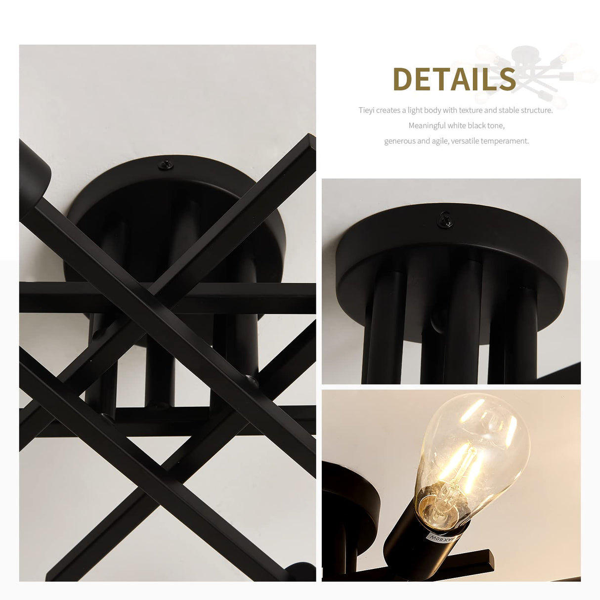 ASGYISA Semi Flush Mount Modern Ceiling Light Fixture, 6 Lights Black Vintage Matte Sputnik Chandelier Ceiling Lamp with E26 Bulb Base for Farmhouse Dining Room Living Room Bedroom Study Kitchen ASGYISA