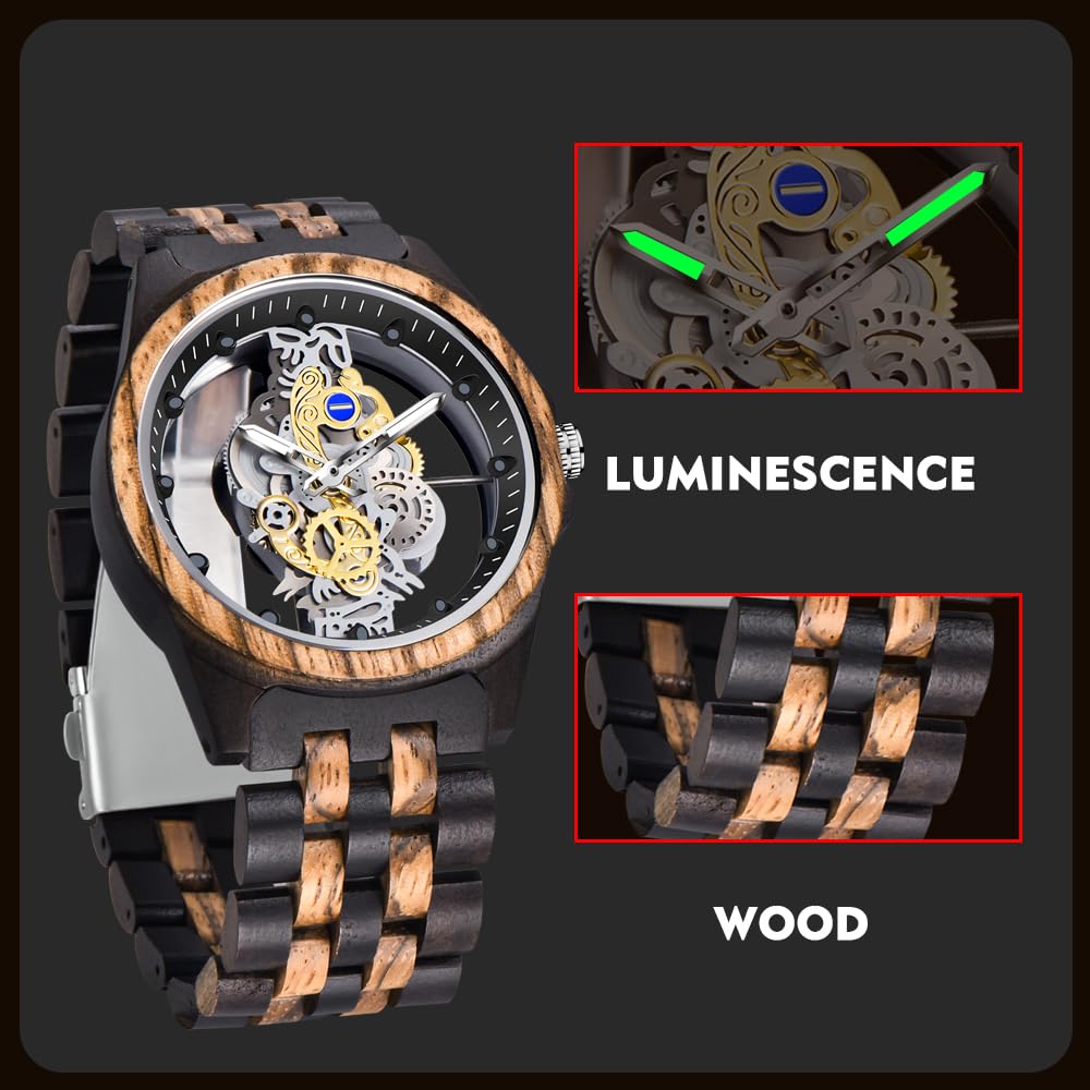 Dentily Men's Hollow Analog Wooden Watch Retro Gear Carving Design Transparent Dial Quartz Watch for Men Dentily