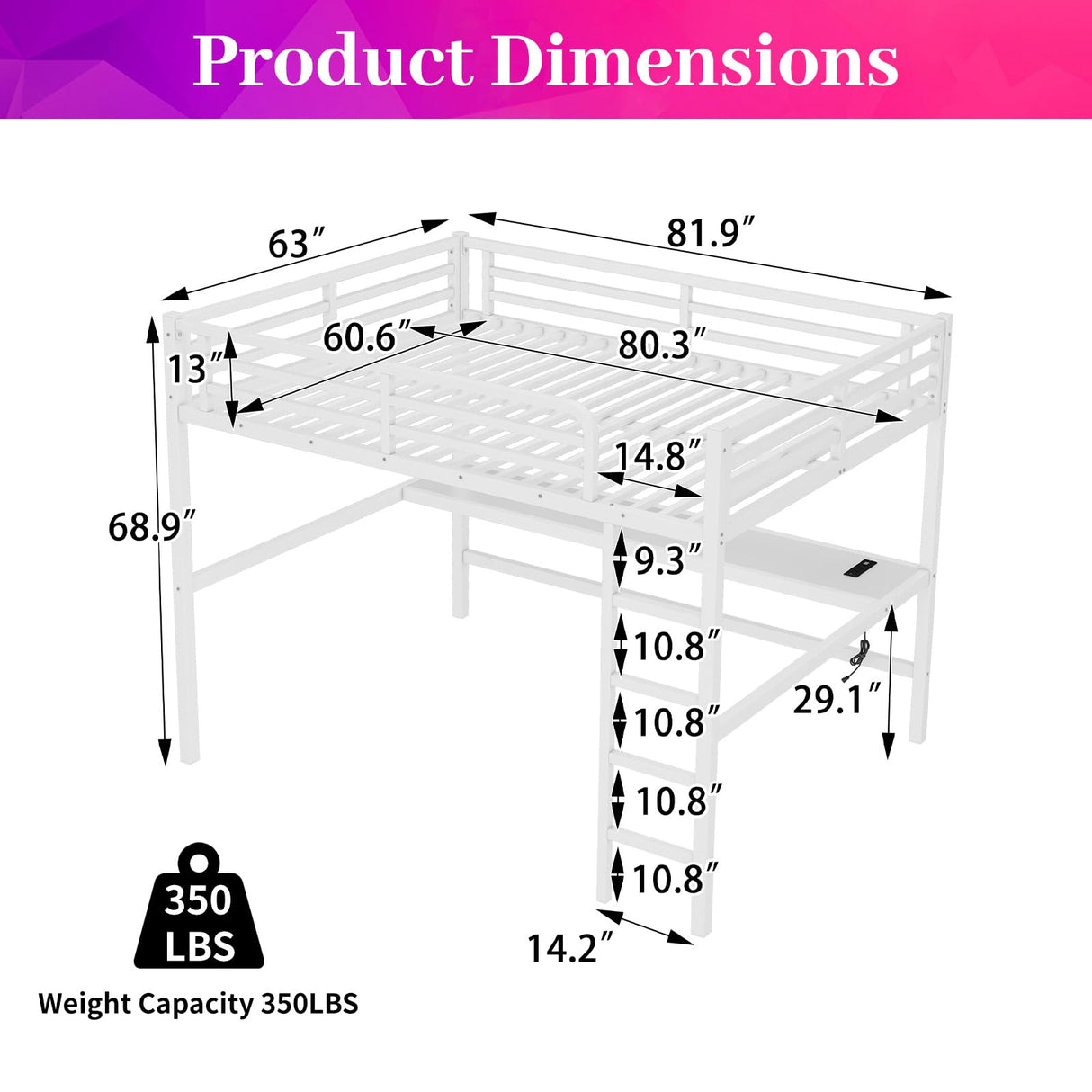 Sailret Metal Loft Bed Frame with Desk, Power Outlet & USB Charging, LED Lights, Noise-Free Sturdy High Loft Dorm Bed with Guardrails & Ladder, Space-Saving Design -Queen, White Sailret