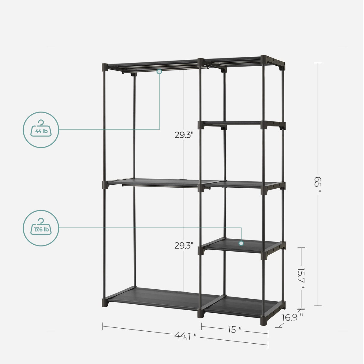 SONGMICS Portable Closet, Freestanding Closet Organizer, Clothes Rack with Shelves, Hanging Rods, Storage Organizer, for Cloakroom, Bedroom, 44.1 x 16.9 x 65 Inches, Black URYG24BK SONGMICS