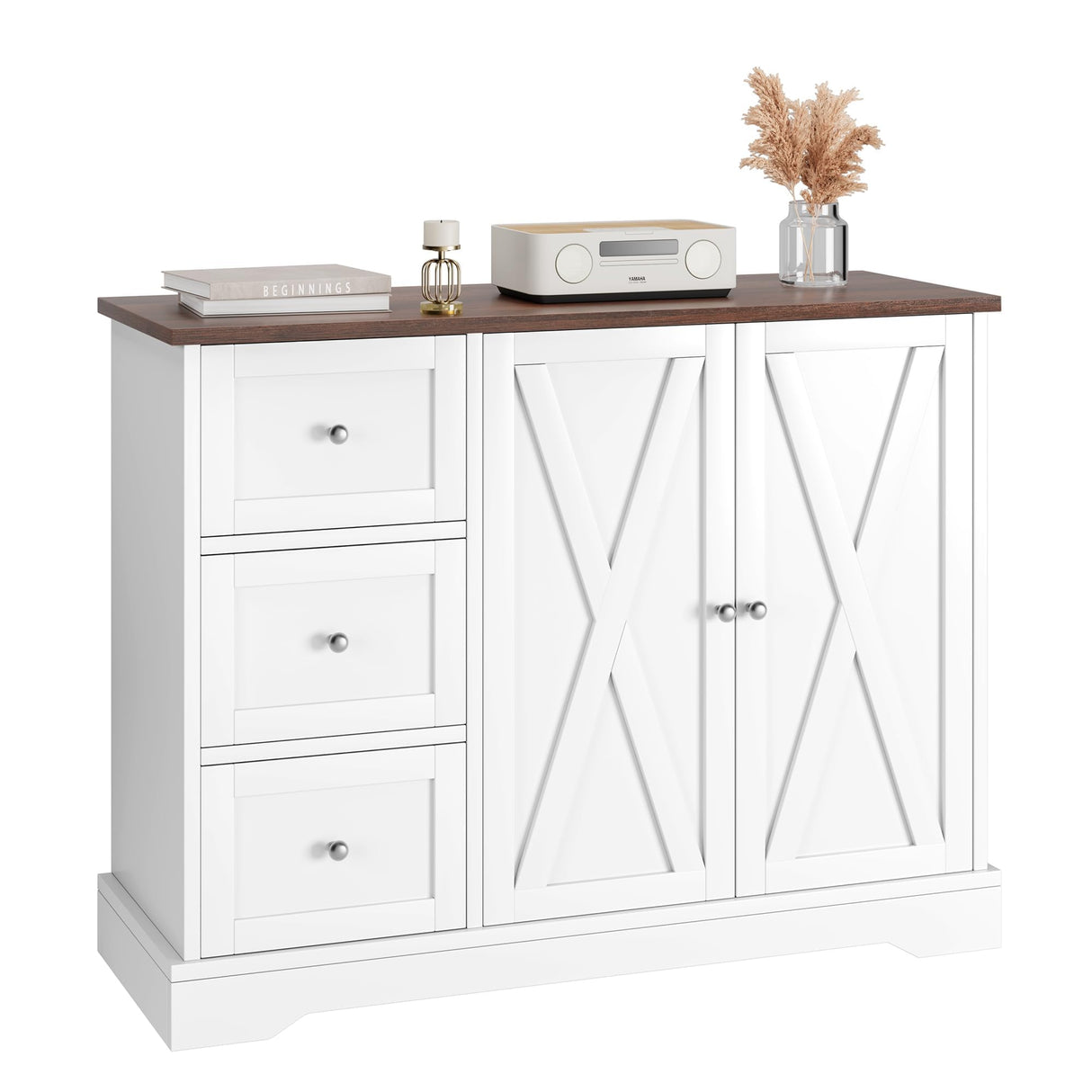 GarveeHome Buffet Cabinet with Storage, Farmhouse Kitchen Cabinet with 3 Drawers and 2 Doors for Kitchen, Dining Living Room, White GarveeHome