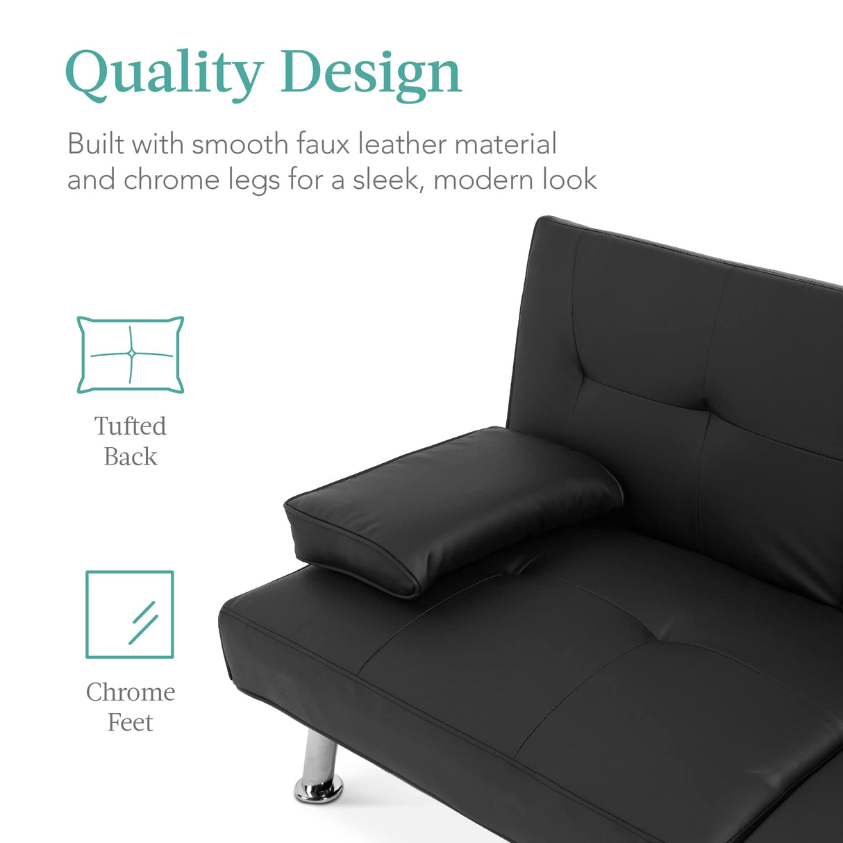 Best Choice Products Faux Leather Upholstered Modern Convertible Futon, Adjustable Folding Sofa Bed, Guest Bed w/Removable Armrests - Black Best Choice Products