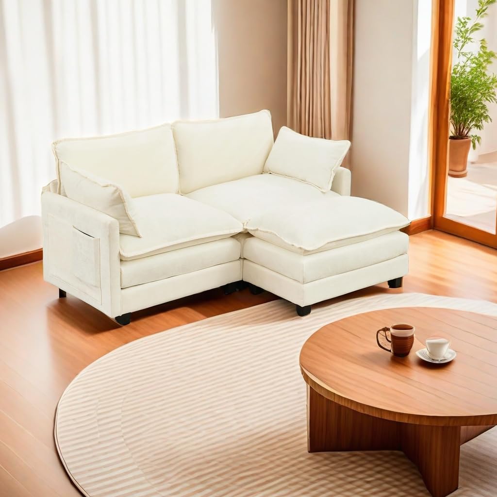 GlasFlength Sectional Couches for Living Room - L Shaped Couch Cloud Couch Comfy Sectional Couches, 77.6" 2 Seat Sofa Comfy Sectional with Ottoman/Pillows for Apartment, Bedroom, Cream White GlasFlength