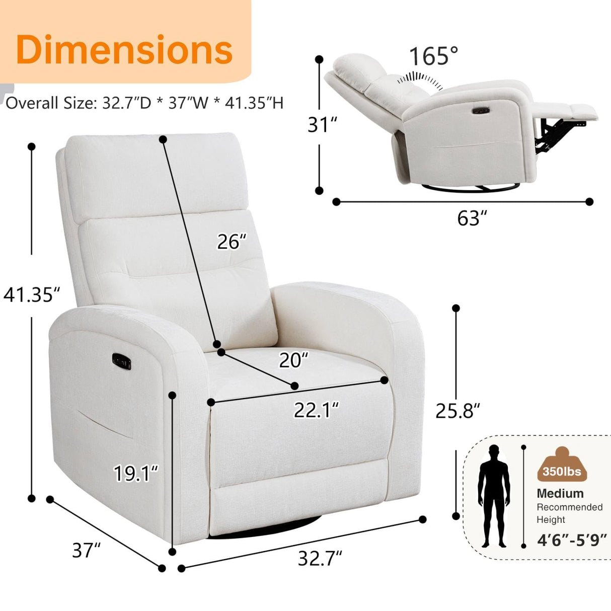 BaseBeauty Power Glider Recliner Nursery Rocking Chairs with USB, Electric Swivel Rocker Glider Chair for Living Room, Upholstered Recliner Chairs for Bedroom, Bedroom, Chenille White BaseBeauty