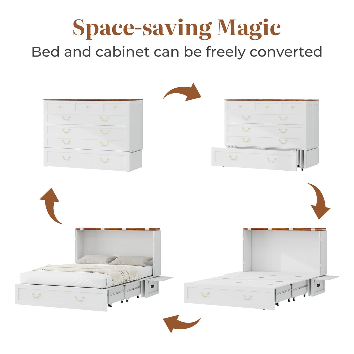 Tafeumob Murphy Bed Queen Size: Wood Murphy Bed Cabinet with Drawer Space-Saving with Shelves & Charging Station for Bedroom, Multipurpose Area, Guest Room, Apartment White (Without Mattress) Tafeumob