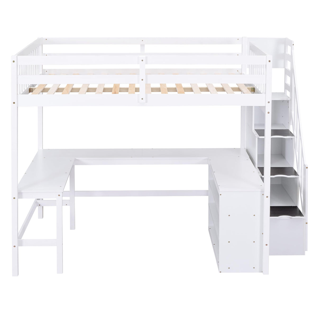 SOFTSEA White Full Loft Bed with L-Shaped Desk and Storage Stairs SOFTSEA
