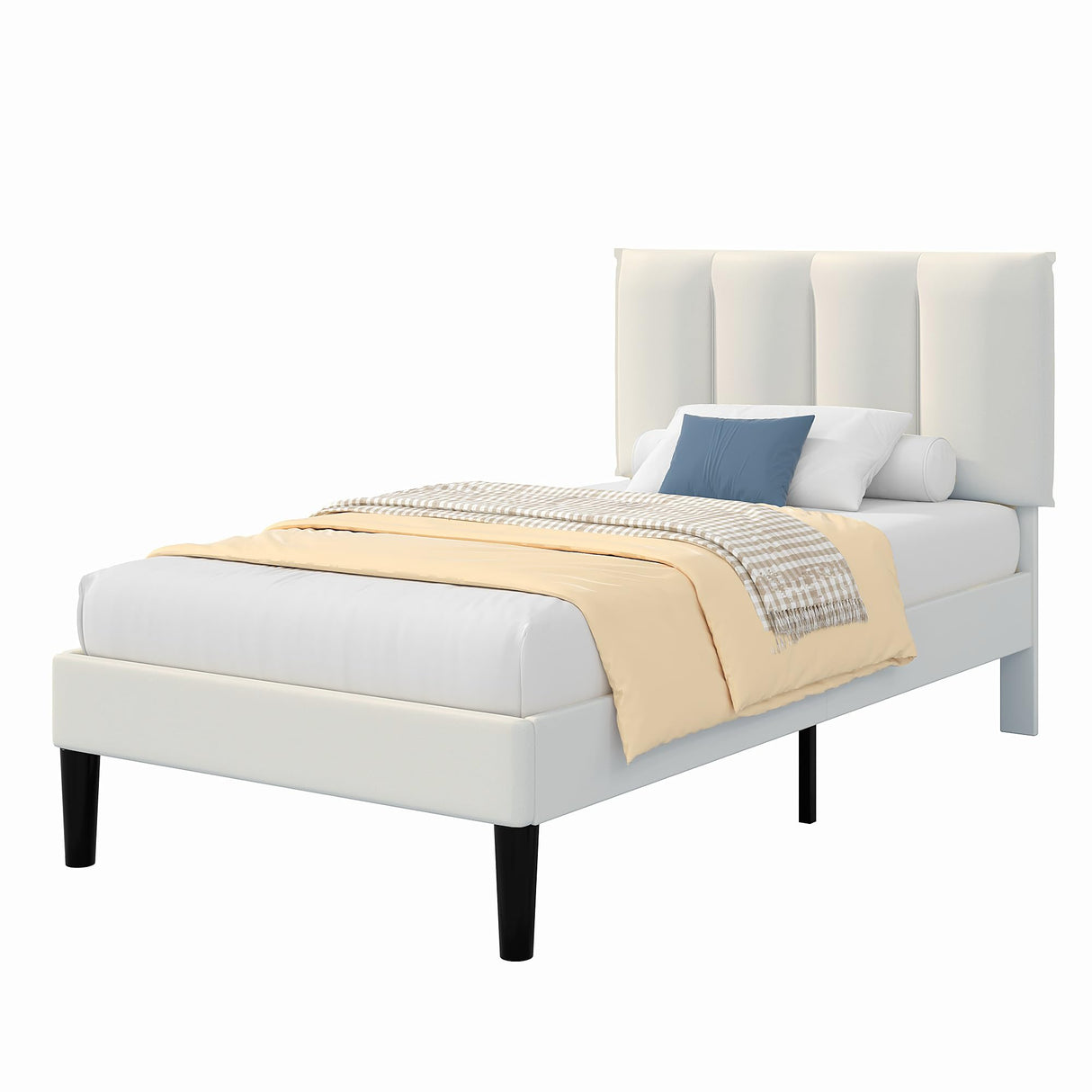 VECELO Twin Bed Frame with Upholstered Headboard, Heavy-Duty Platform Bedframe with Strong Wooden Slats Support, No Boxing Spring Needed, Pure White VECELO