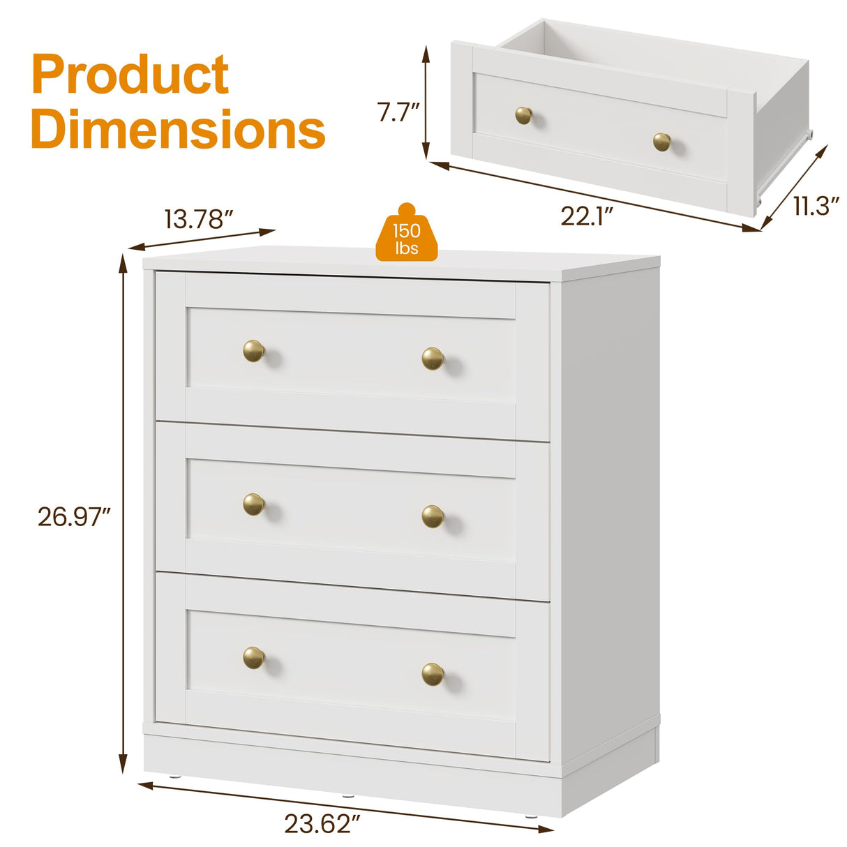 RoyalCraft Modern 3 Drawer Dresser, White and Gold Nightstand for Bedroom, Small Chest of Drawers, End Table with Storage, Wood Beside Table for Living Room, Home Office, Entryway RoyalCraft