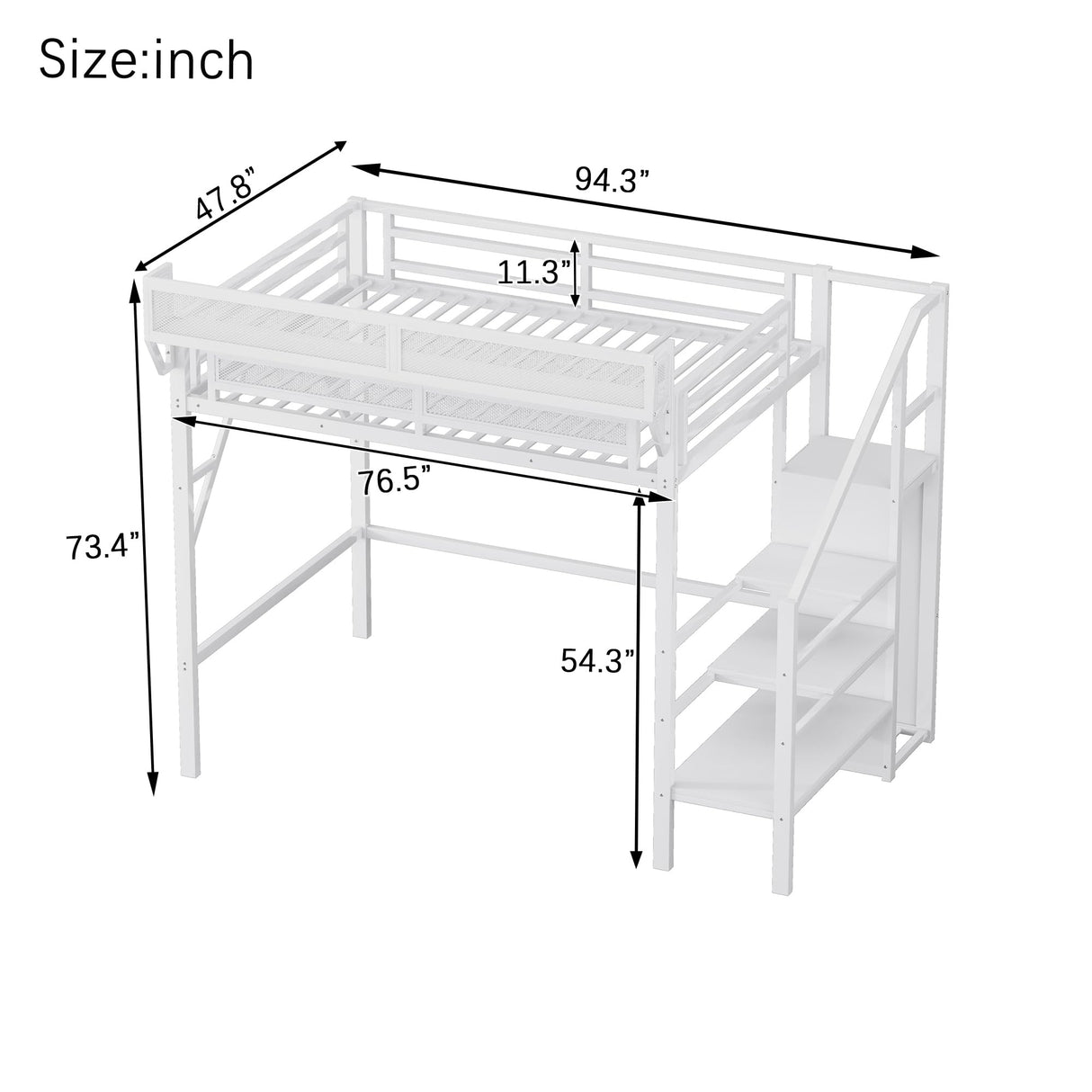 KEIKI Twin Size Metal Loft Bed Frame with Convertible Staircase, Built-in Storage Shelves & Wardrobe, Loft Bed with Solid Slats & Guardrail, No Box Spring Required, Easy Assembly, for Bedroom, White KEIKI