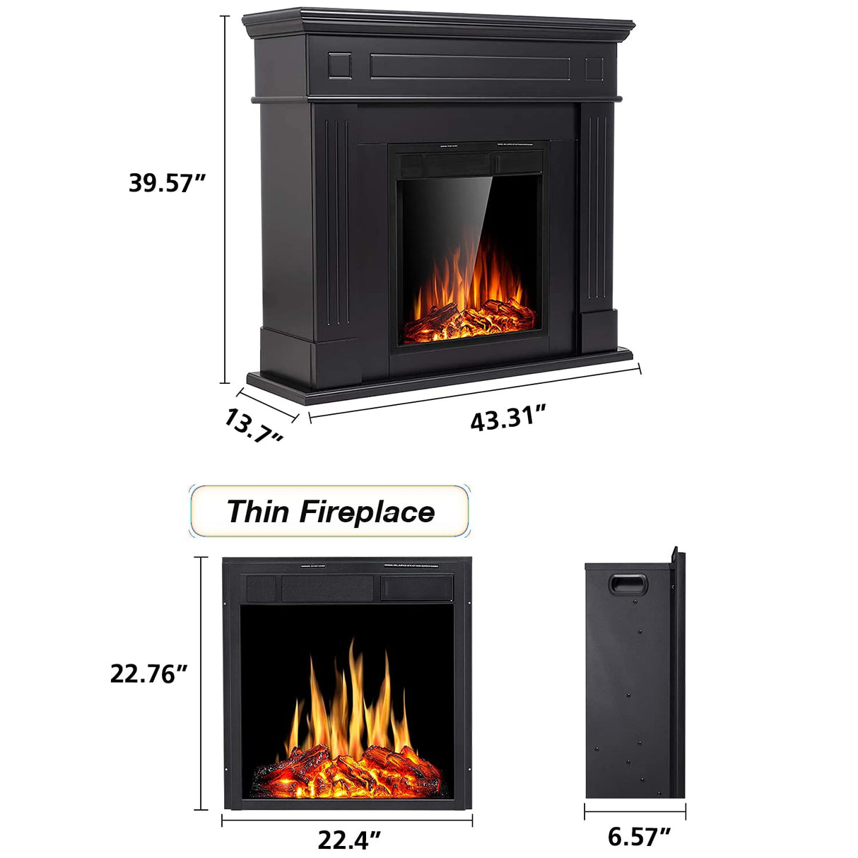 Cowsar 44" Electric Fireplace with Mantel Package Free-Standing Fireplace Heater, Wooden Surround Firebox with Log, Remote Control, 750-1500W, Black COWSAR