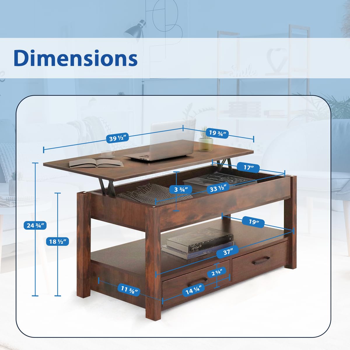 Lift Top Coffee Table with Hidden Compartment & 2 Storage Shelves - Living Room Dining Table with Rising Tabletop Lifttop Desk for Apartment, Home, Condo - Rustic Brown Lifetime Home