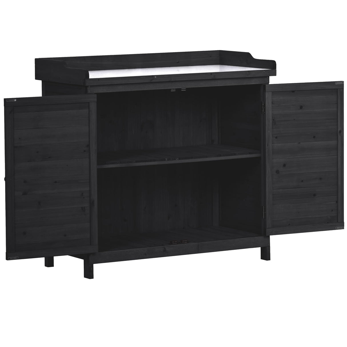 Shaical Outdoor Potting Bench Table 39" Rustic Garden Wood Workstation Storage Cabinet with 2-Tier Shelves and Side Hook, Galvanized Tabletop, Black Shaical