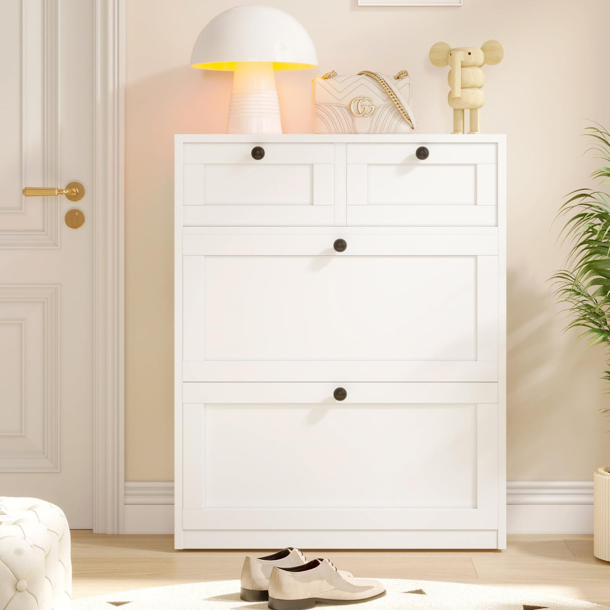 VOWNER Shoe Cabinet with 2 Flip Drawers & 2 Drawers, Freestanding Shoe Storage Cabinet with Adjustable Shelves, Shoe Organizer for Entryway, Hallway, Living Room (White) VOWNER