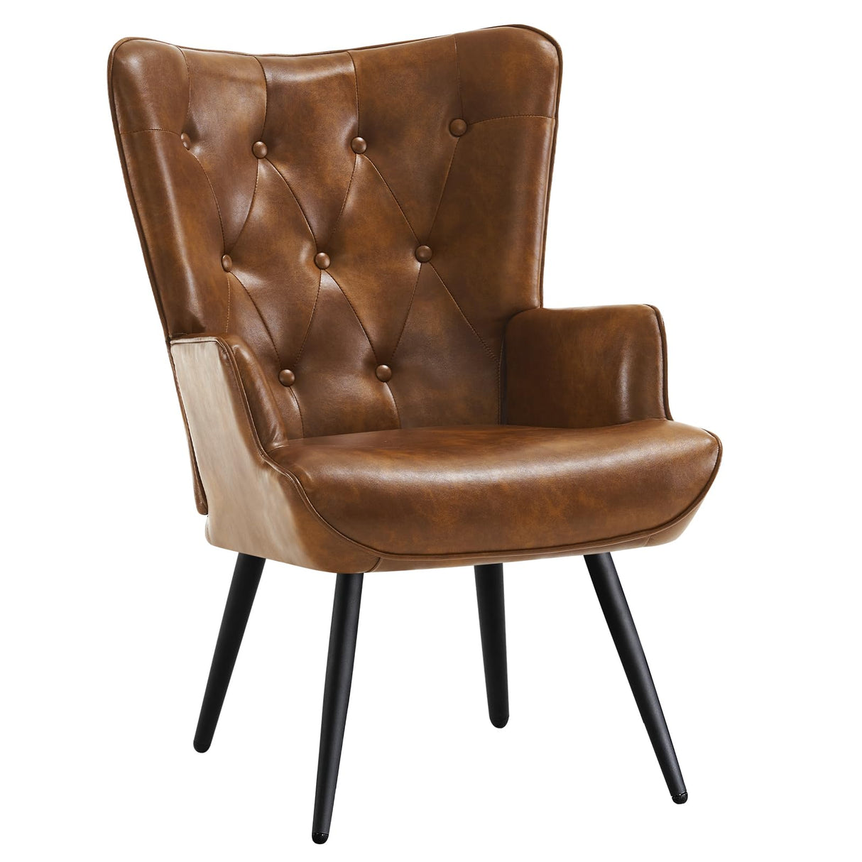 Furniliving PU Leather Accent Chair for Living Room, Upholstered Reading Chair with High Backrest, Tufted-Button Wingback Armchair for Bedroom, Dressing Room, Home Office, Brown Furniliving