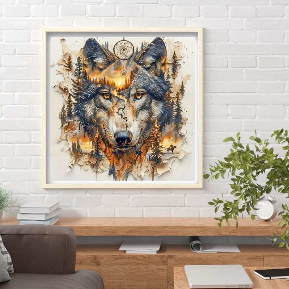 Wolf Diamond Art Kits for Adults, 5D Diamond Painting Kits for Adults Beginners, DIY Round Gem Arts Full Drill Diamond Art Dots Painting, Adult Crafts Kits for Gifts Home Wall Decor 14” x 14” croshom