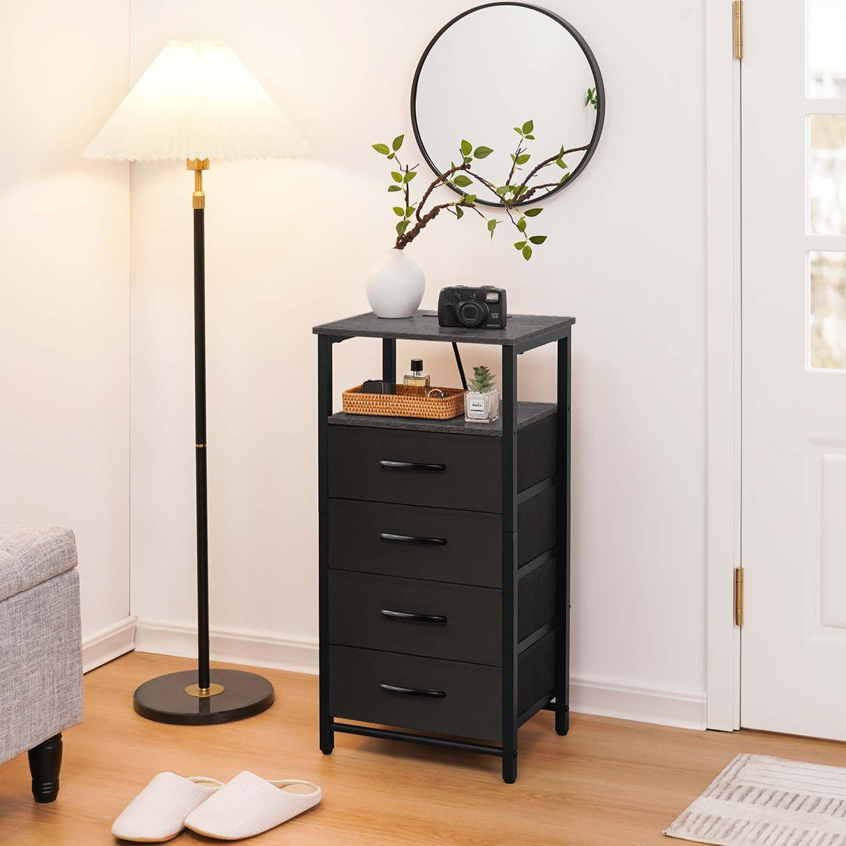 Yoobure Night Stand - LED Nightstand with Charging Station, Bedside Table with 4 Fabric Storage Drawers and Storage Shelf, End Table with USB Ports and Outlets, Tall Dresser for Bedroom Yoobure