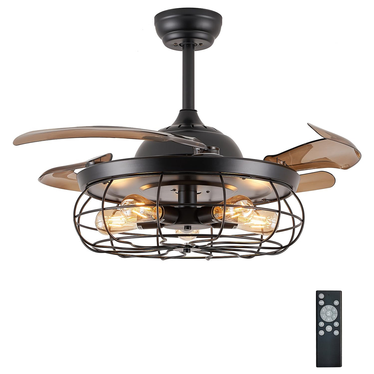 DuMaiWay 36" Caged Ceiling Fan with Lights, Industrial Retro Ceiling Fans with Remote Controller Vintage Style for Farmhouse/Living Room/Bedroom/Restaurant 5 Lights 4 Fan Blades Black DuMaiWay