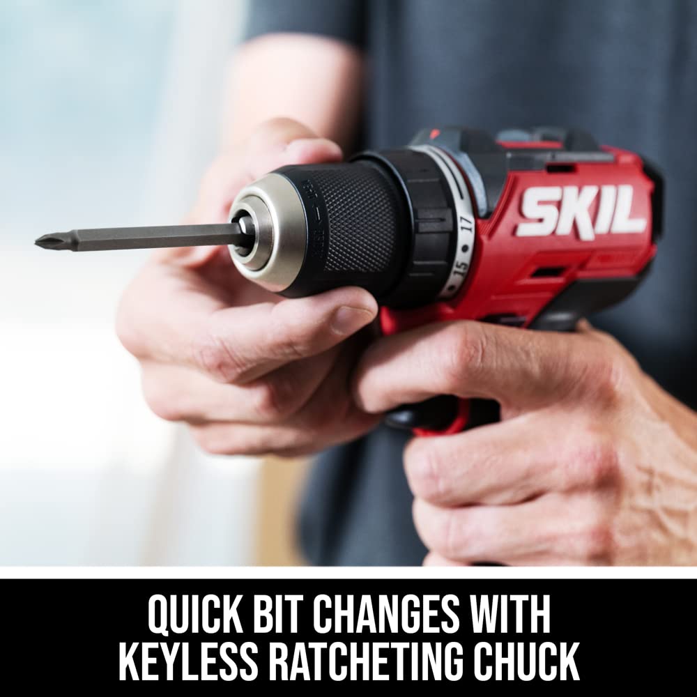 SKIL PWR CORE 12 Brushless 12V 1/2 In. Compact Varible-Speed Drill Driver Kit with 1/2'' Single-Sleeve, Keyless Chuck & LED Worklight Includes 2.0Ah Battery and PWR JUMP Charger - DL6290A-10 Skil