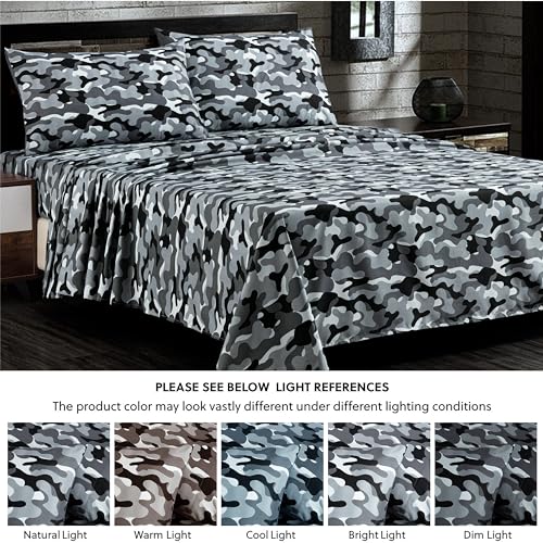 Chezmoi Collection Military Camo 4-Piece Sheet Set - Camouflage Black Gray Printed Microfiber Soft Breathable Deep Pocket Sheets and Pillowcases Set, Full XL Size Chezmoi Collection
