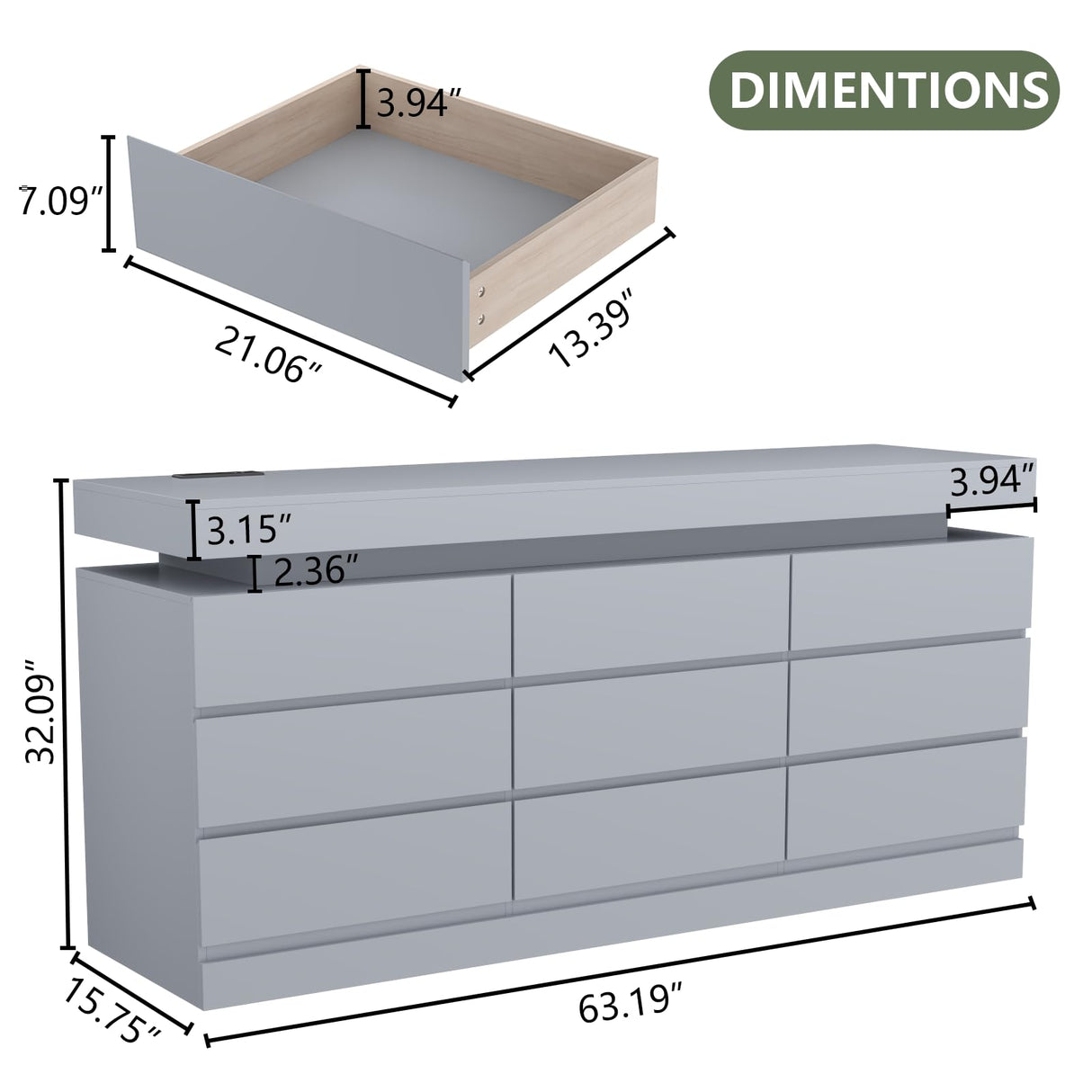 Gyfimoie 9 Drawer Dresser with Power Outlet, Dresser with LED Light, Modern Chest of Drawers for Closet, Double Wide Drawer Organizer Cabinet for Bedroom, Living Room (Grey, 9 Drawers) Gyfimoie