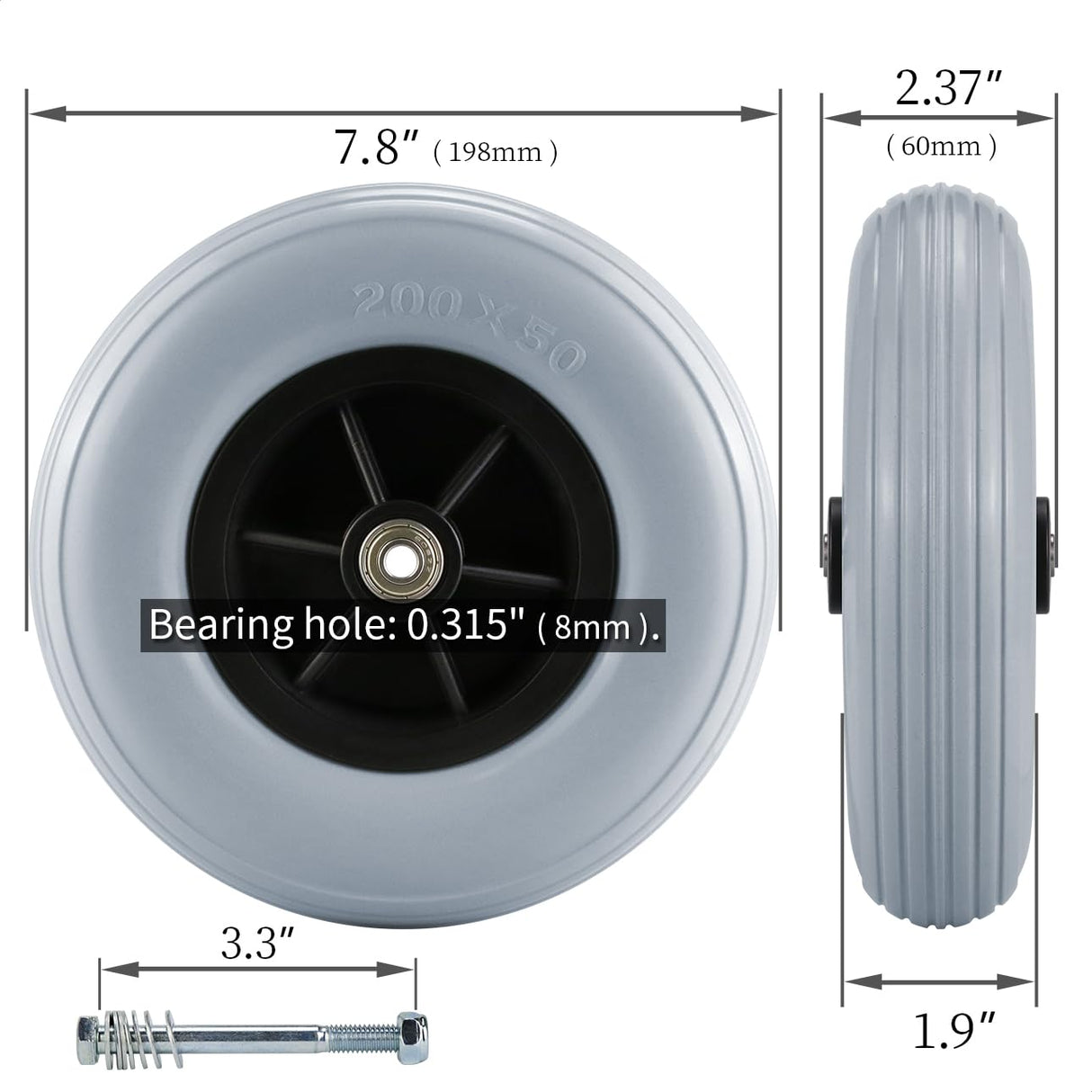 ANTIQO Pair of 8" x 2" (200x50) Caster Wheels for Electric/Power Wheelchair - 8 inch Solid Tire Replacement Wheels (8"x 2" (200x50) - Gray) ANTIQO