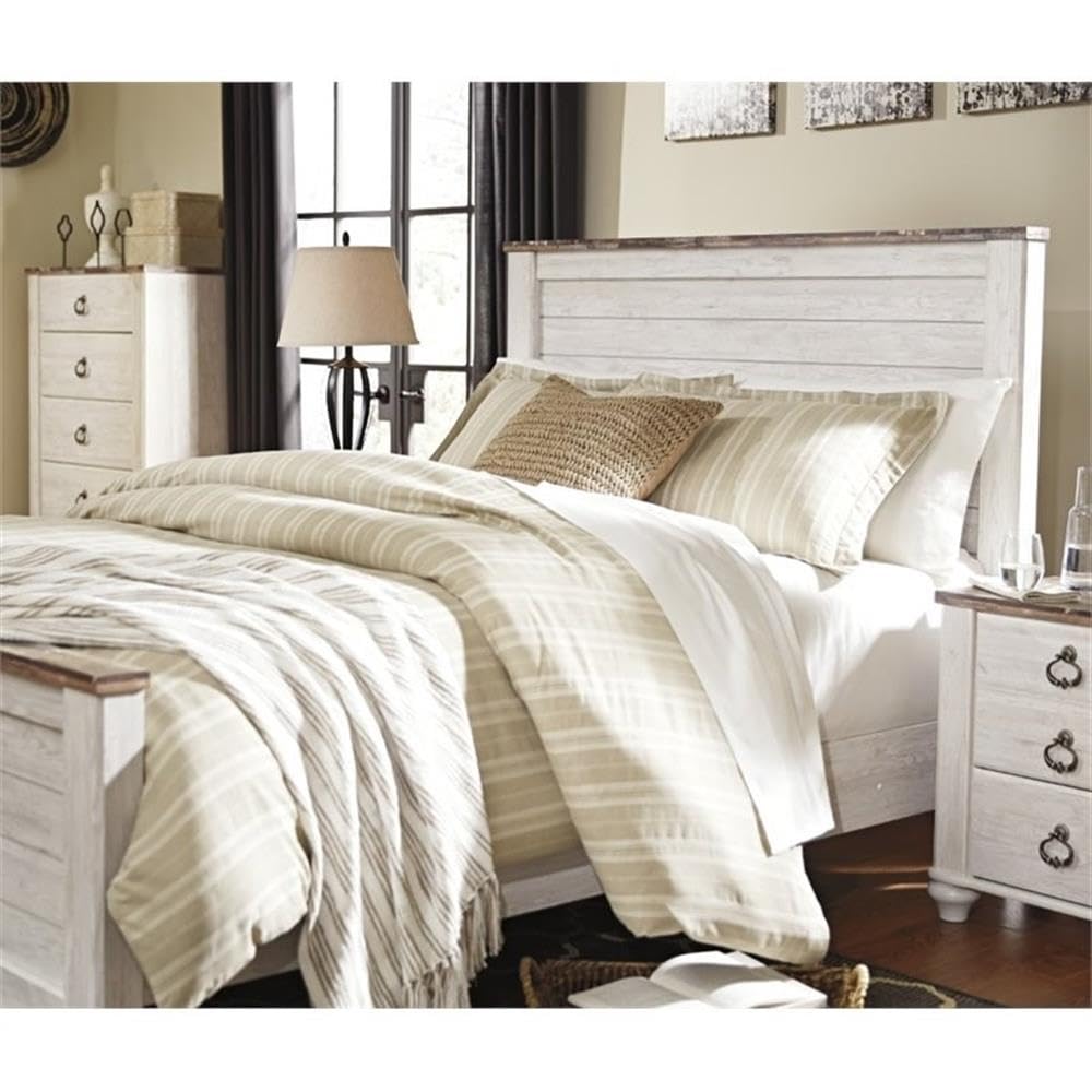 Ashley Furniture Willowton 65" W x 87" D Farmhouse Wood Queen Sized Panel Bed in Whitewash Finish Signature Design by Ashley