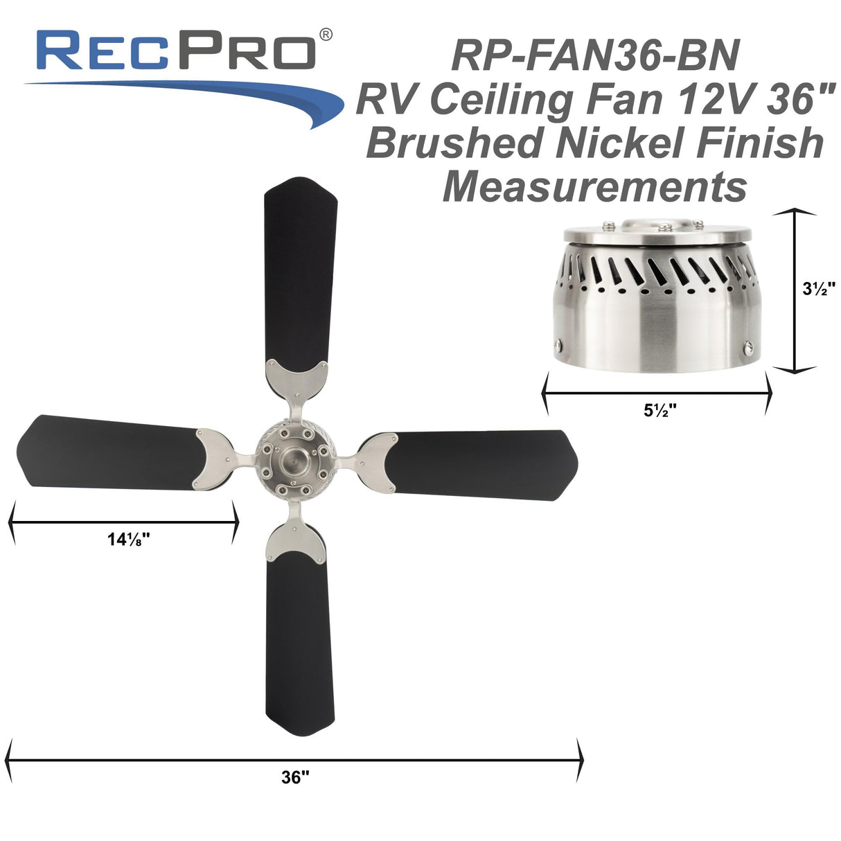 RecPro RV 12V Ceiling Fan | 4-Blade | 4-Speed | Near Silent Operation | Reversing Direction Wall Control (Brushed Nickel: Black Blades, 36") RecPro