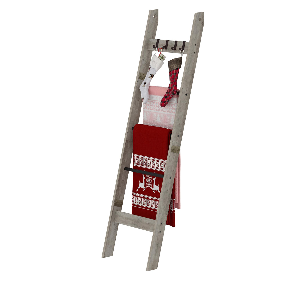 Hzuaneri Blanket Ladder Shelf for Living Room, Decorative Quilt Rack with 4 Removable Hooks, 5-Tier Farmhouse Ladder Holder Organizer for Bedroom, Greige and Black BR02105B Hzuaneri