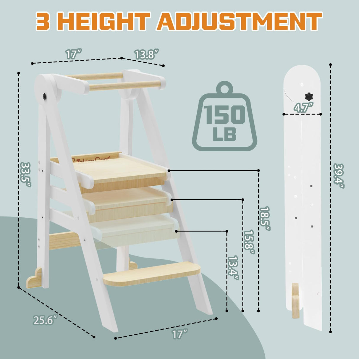 Foldable Toddler Kitchen Stool Helper, Toddler Tower with 3 Adjustable Height, Wooden Toddler Step Stool, Collapsible Toddler Tower, Toddler Stool for Kitchen and Bathroom CaMecequter