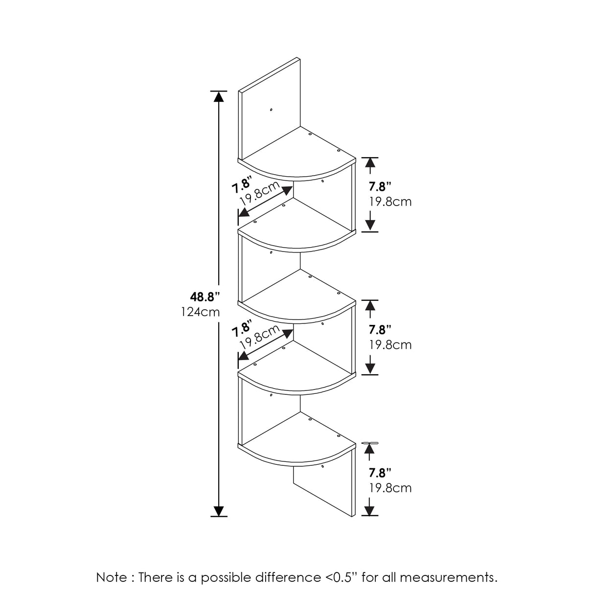 Furinno Rossi 5-Tier Wall Mount Floating Radial Corner Shelf, White Furinno