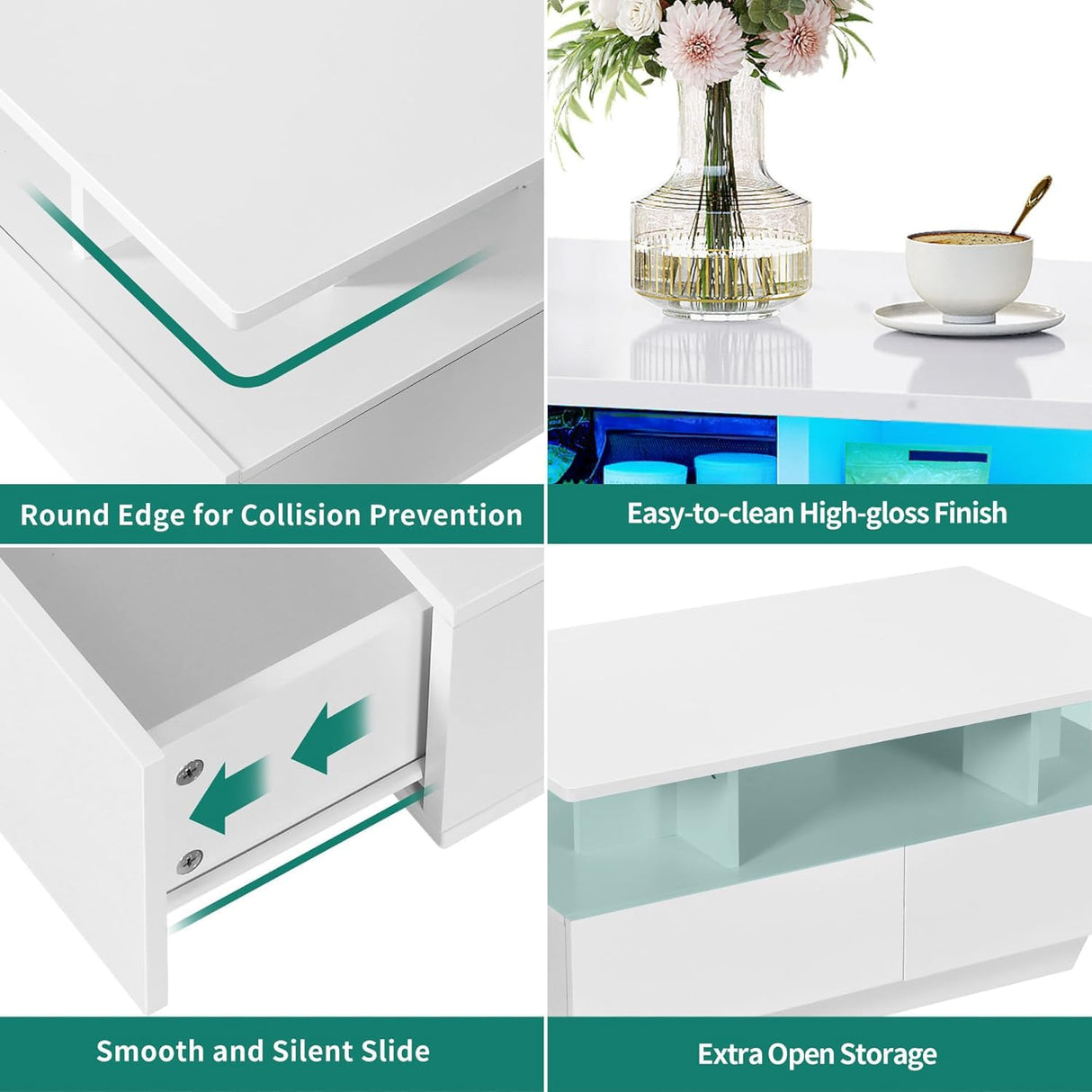 YITAHOME LED Coffee Table with Storage, Modern Coffee Tables for Living Room, High Glossy LED Coffee Table with Open Display Shelf & Sliding 4 Drawers, Rectangular Small Center Table, White YITAHOME