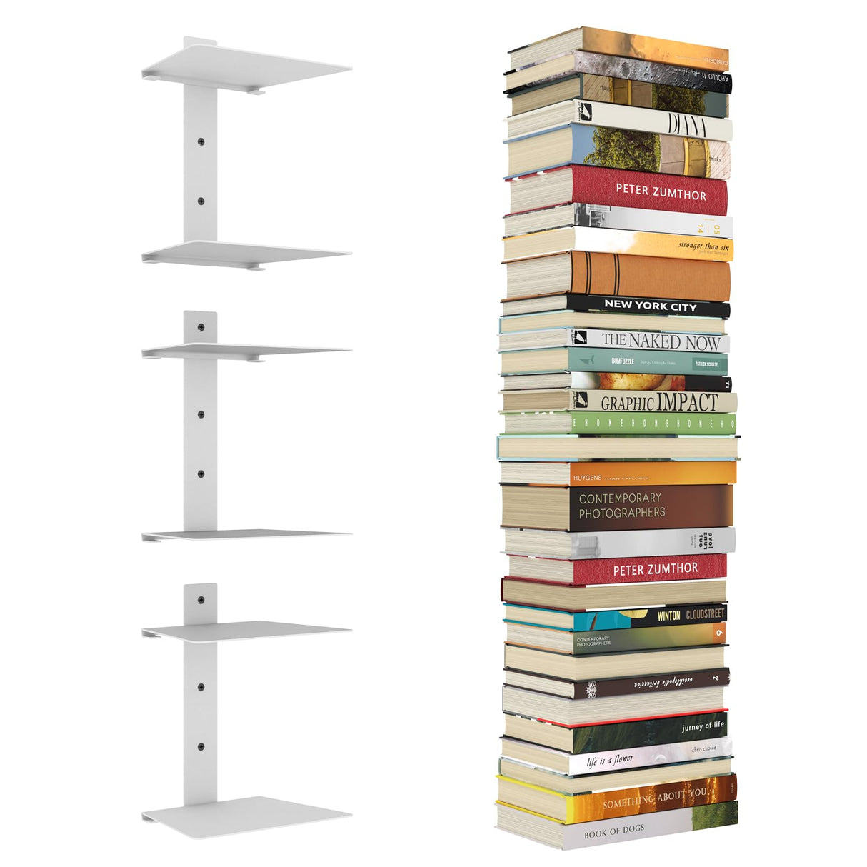 Mefirt Invisible Floating Bookshelves for Wall, 6 Tier Vertical Spine Book Tower, Heavy Duty Floating Book Shelves Metal Book Organizers for Home Office, 3 Pack(White) Mefirt