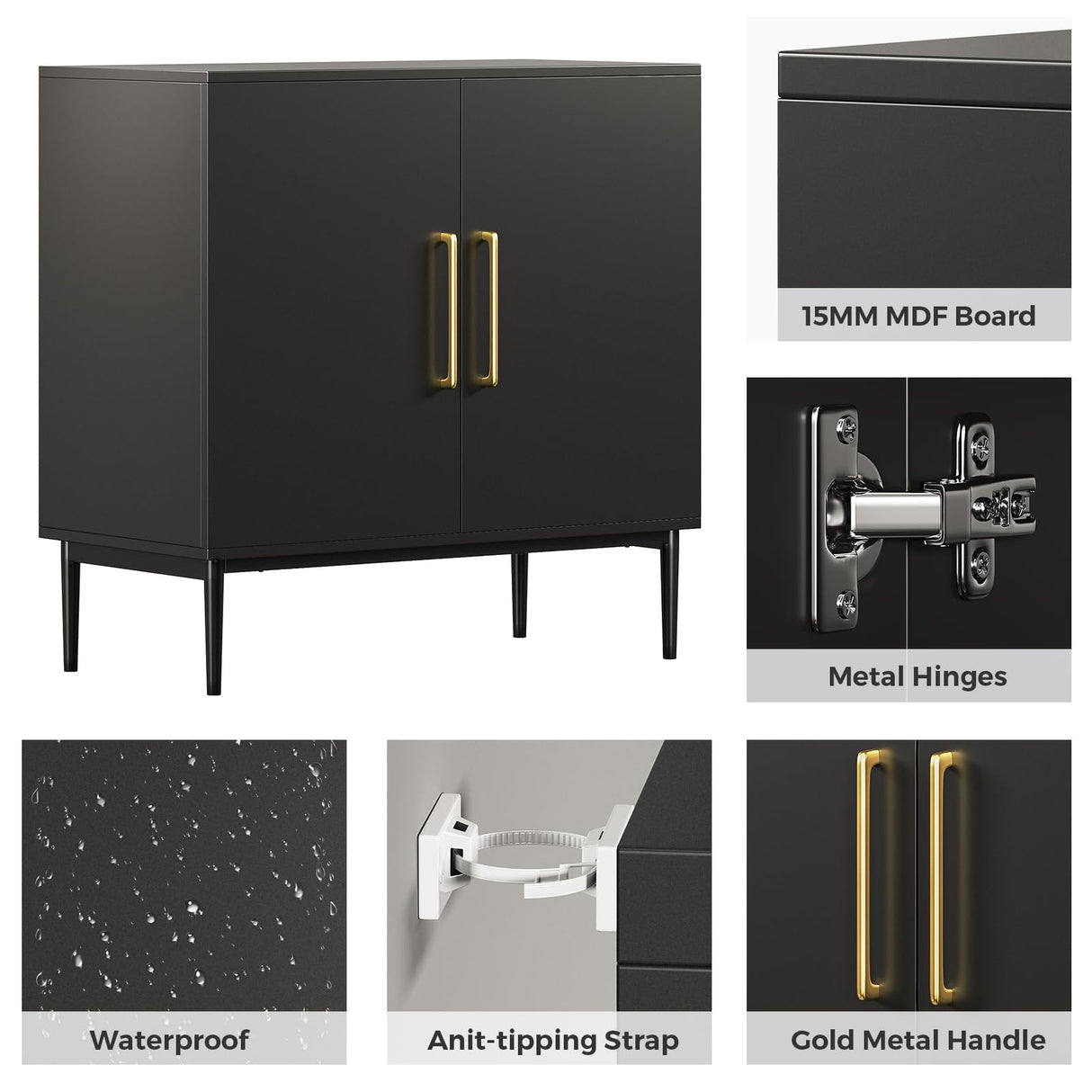 REHOOPEX Storage Cabinet with Doors, Modern Black Accent Cabinet, Free Standing Cabinet, Wooden Buffet Sideboards for Bedroom, Kitchen,Home Office REHOOPEX
