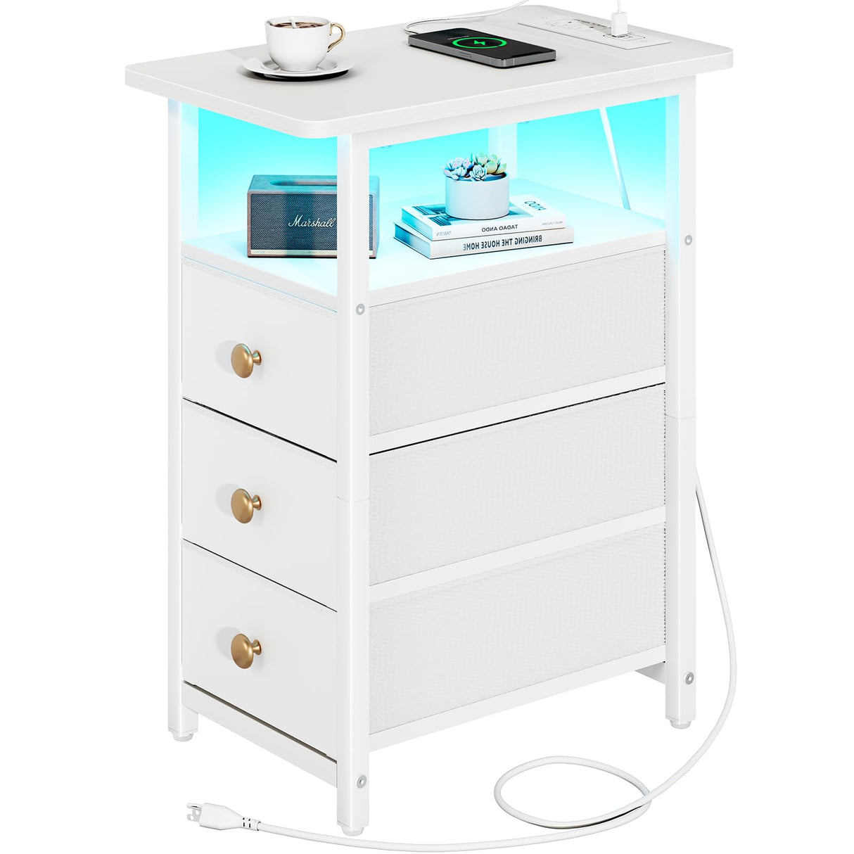 Yoobure End Table with Charging Station, LED Narrow Side Table Bedside Table, Small Night Stand End Tables Living Room, Skinny Nightstand with 3 Fabric Drawers, Side Tables Bedroom for Small Spaces Yoobure