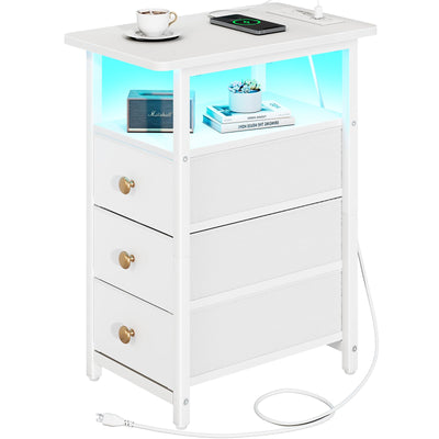 Yoobure End Table with Charging Station, LED Narrow Side Table Bedside Table, Small Night Stand End Tables Living Room, Skinny Nightstand with 3 Fabric Drawers, Side Tables Bedroom for Small Spaces