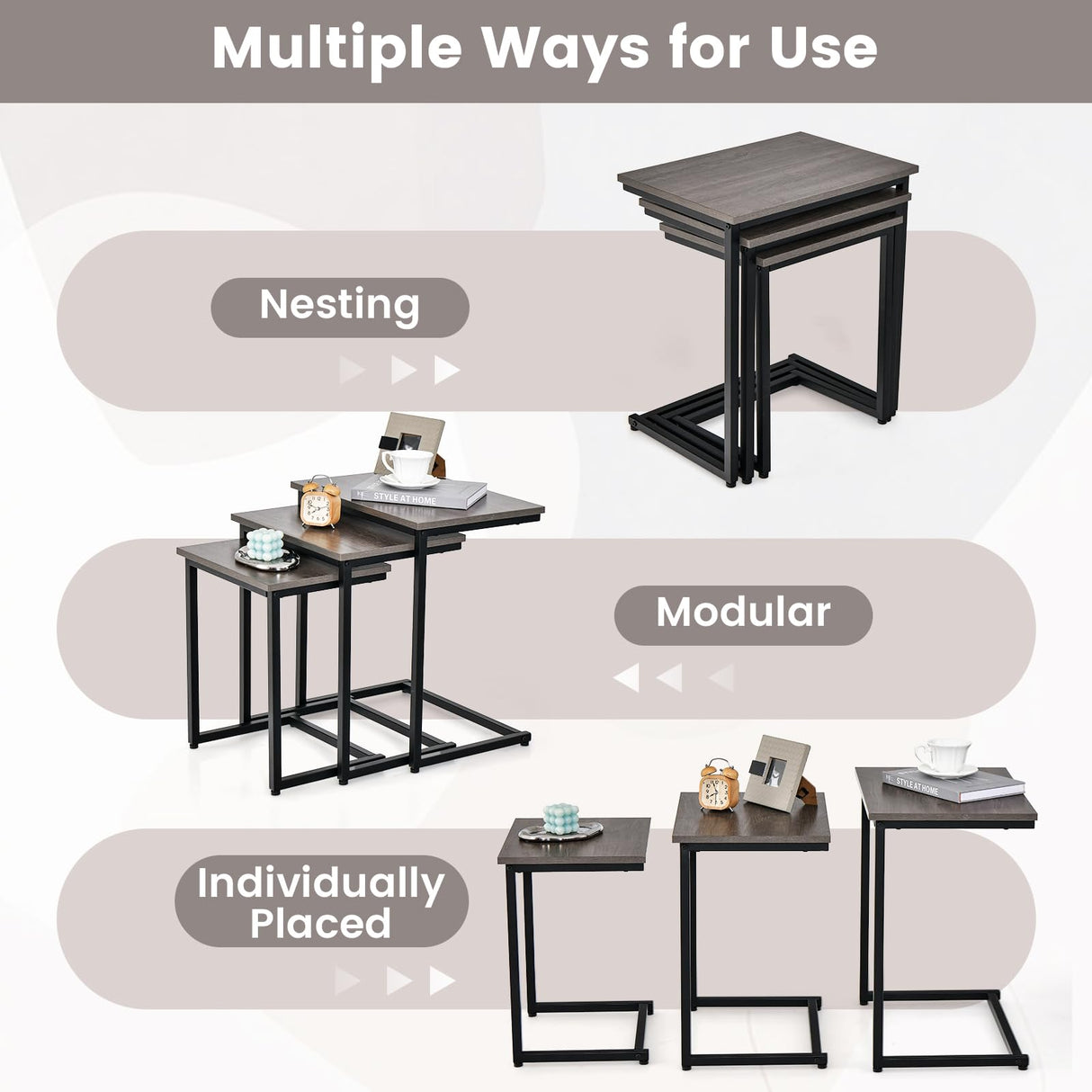 Tangkula Nesting Table Set of 3, Rectangle Stacking Side End Table w/Wood Top & Metal Legs, Adjustable Foot Pads, C-Shaped Accent Coffee Tables for Small Spaces, Living Room (C-Shaped, Gray, 3-pc) Tangkula