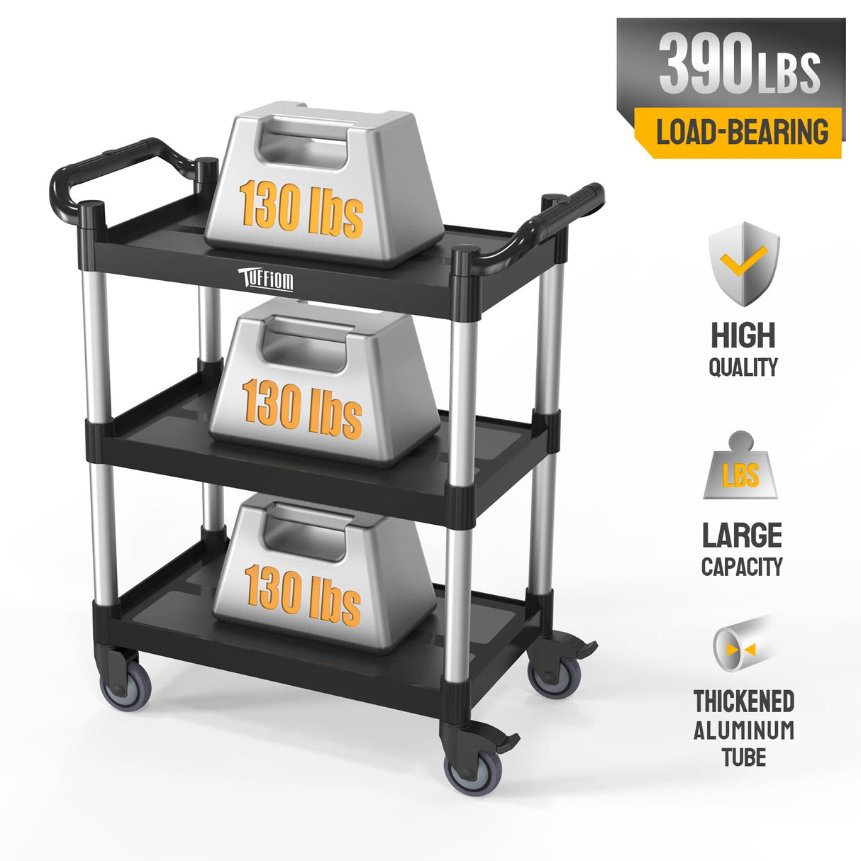 TUFFIOM 3-Tier Plastic Service Utility Cart with Wheels, Heavy Duty 390lbs Capacity, Commercial Rolling Ideal for Restaurant, Foodservice, Office, Warehouse, Black 34.8''L x 17.4''W x 38.6''H TUFFIOM