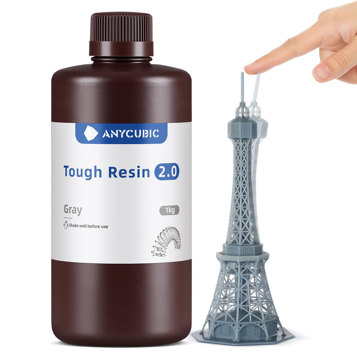 ANYCUBIC Tough 3D Printer Resin 2.0, Tough Resin with High Hardness and High Precision, 365-405nm Fast Curing 3D Resin for 4/8/12/16K LCD/DLP/SLA Resin 3D Printing (Grey, 1kg) ANYCUBIC