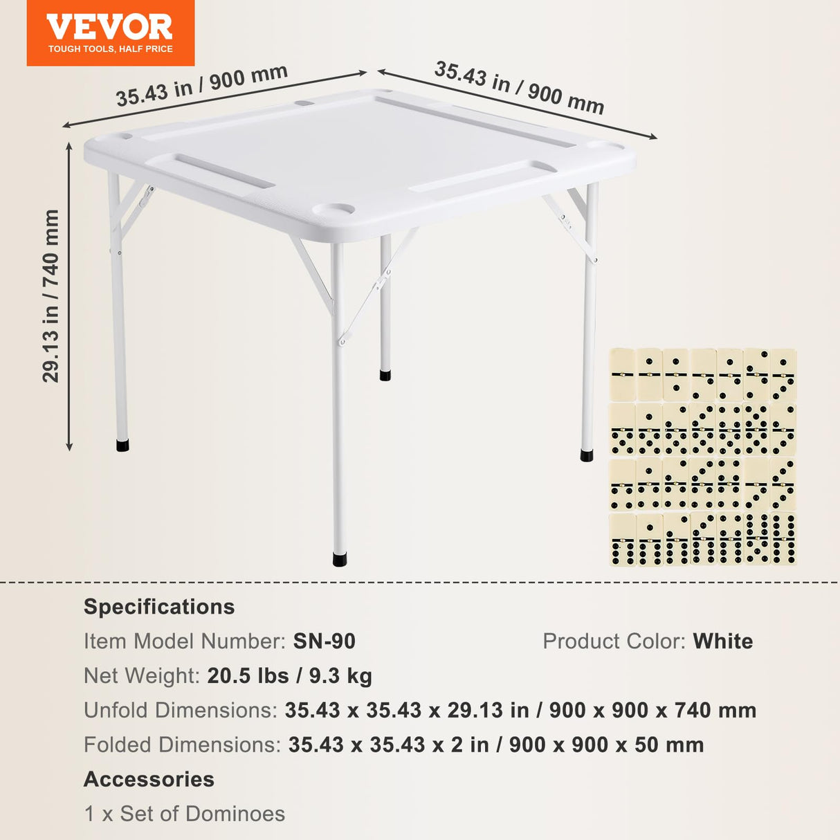 VEVOR Mahjong Table, Square 4 Player Folding Card Table with 4 Cup Holders & 4 Chip Trays, Portable Domino Game Table with 1 Set of Dominoes for Mahjong Poker Puzzles, 35.4 x 35.4-inch, White VEVOR